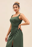Olive Satin Square Neck Long Sheath Bridesmaid Dress with Slit