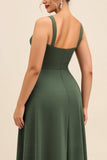 Olive Satin Square Neck Long Sheath Bridesmaid Dress with Slit