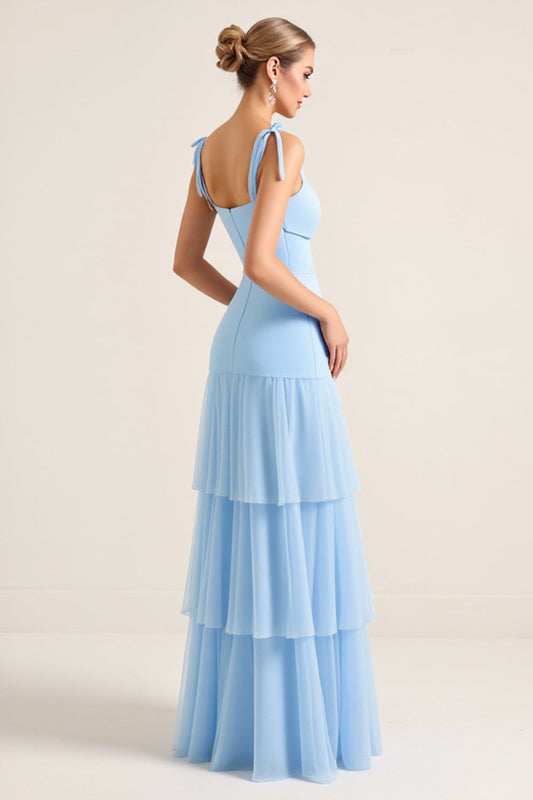 Sky Blue Sheath Tiered Square Neck Long Bridesmaid Dress with Slit
