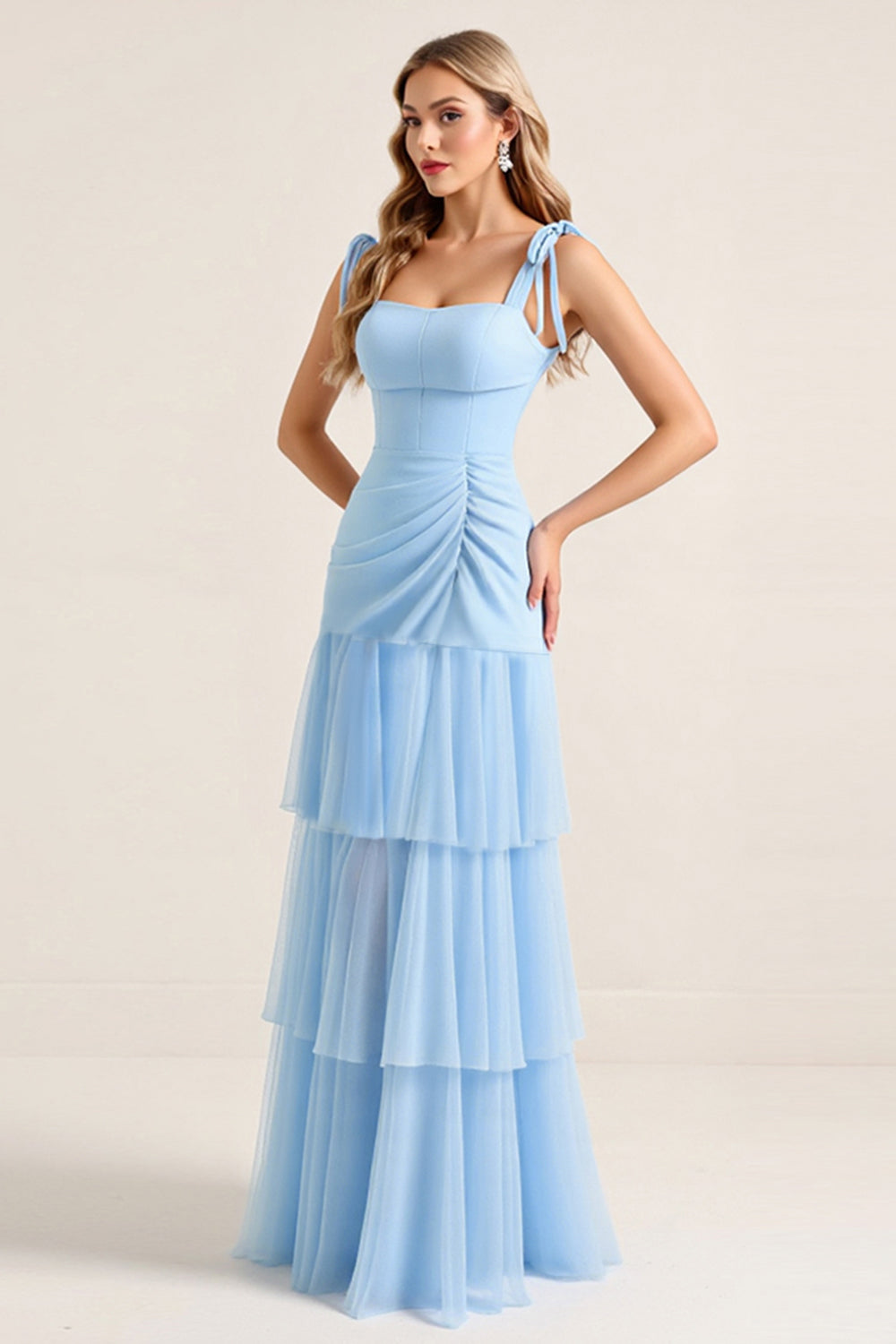 Sky Blue Sheath Tiered Square Neck Long Bridesmaid Dress with Slit