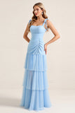 Sky Blue Sheath Tiered Square Neck Long Bridesmaid Dress with Slit