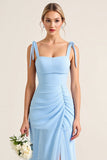 Sky Blue Sheath Tiered Square Neck Long Bridesmaid Dress with Slit