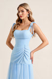 Sky Blue Sheath Tiered Square Neck Long Bridesmaid Dress with Slit