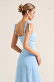 Sky Blue Sheath Tiered Square Neck Long Bridesmaid Dress with Slit