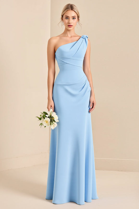 Sky Blue One Shoulder Sheath Long Maxi Bridesmaid Dress