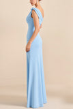 Sky Blue One Shoulder Sheath Long Maxi Bridesmaid Dress