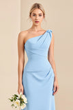 Sky Blue One Shoulder Sheath Long Maxi Bridesmaid Dress