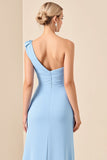 Sky Blue One Shoulder Sheath Long Maxi Bridesmaid Dress