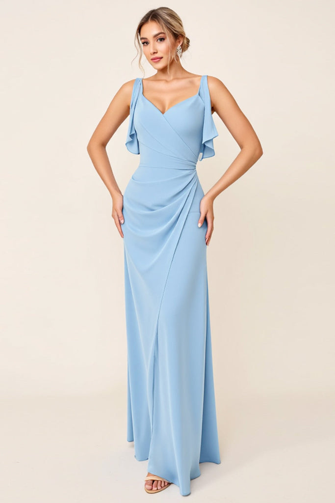 Zapakasa Women Sky Blue Maxi Sheath Ruched Bridesmaid Dress V Neck ...