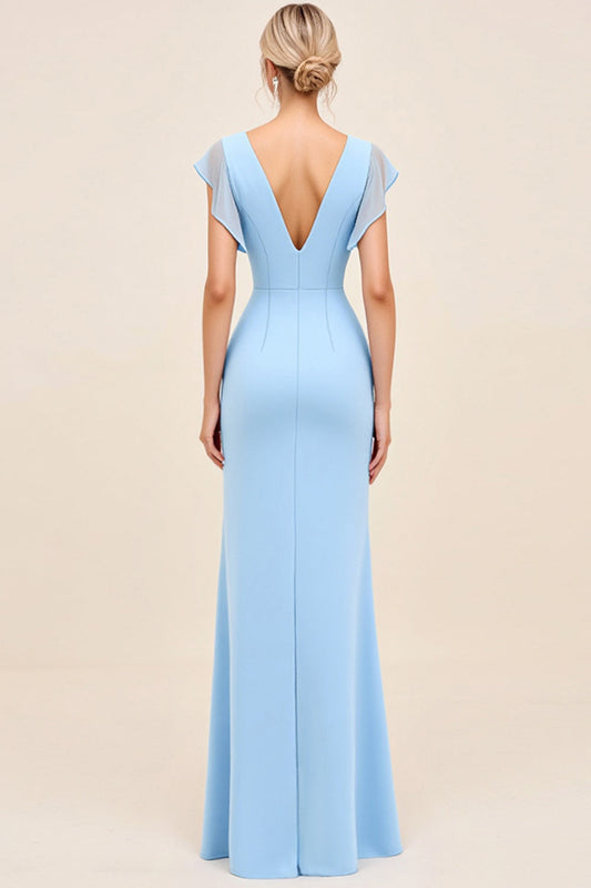 Sky Blue Maxi V Neck Sheath Ruched Bridesmaid Dress