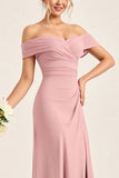 Sheath Blush Pink Off the Shoulder Maxi Bridesmaid Dress with Slit
