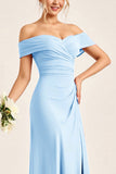 Sheath Blush Pink Off the Shoulder Maxi Bridesmaid Dress with Slit