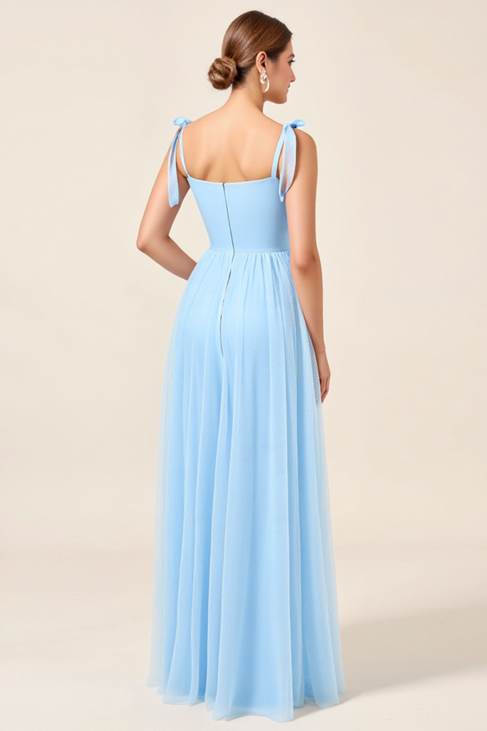 Sky Blue A Line Spaghetti Straps Long Bridesmaid Dress with Slit