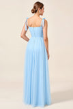 Sky Blue A Line Spaghetti Straps Long Bridesmaid Dress with Slit