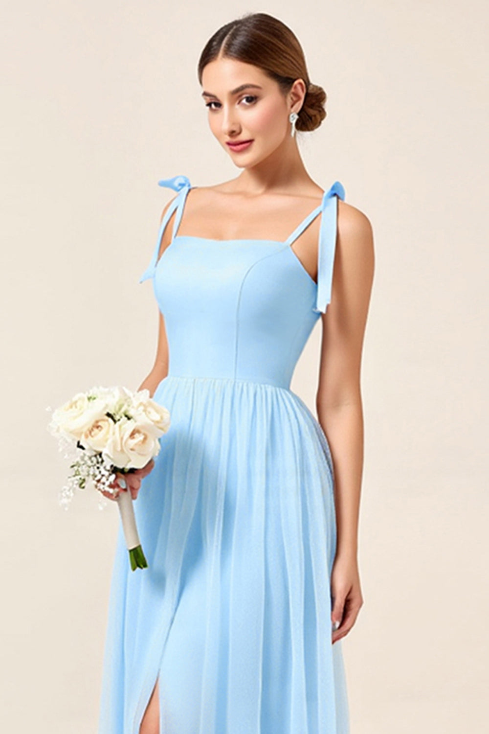 Sky Blue A Line Spaghetti Straps Long Bridesmaid Dress with Slit