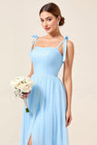 Sky Blue A Line Spaghetti Straps Long Bridesmaid Dress with Slit