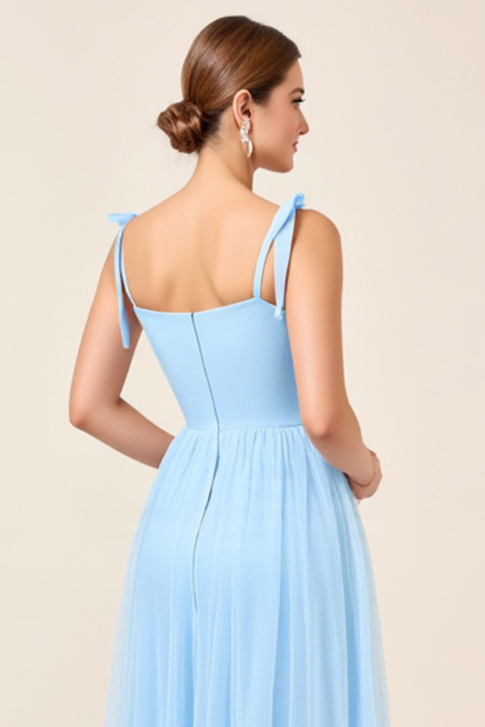 Sky Blue A Line Spaghetti Straps Long Bridesmaid Dress with Slit