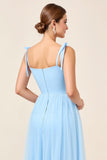 Sky Blue A Line Spaghetti Straps Long Bridesmaid Dress with Slit