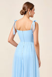 Sky Blue A Line Spaghetti Straps Long Bridesmaid Dress with Slit
