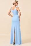 Sky Blue Mermaid Spaghetti Straps Long Bridesmaid Dress with Slit
