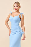 Sky Blue Mermaid Spaghetti Straps Long Bridesmaid Dress with Slit