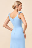 Sky Blue Mermaid Spaghetti Straps Long Bridesmaid Dress with Slit
