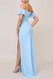 Sky Blue Sheath Off the Shoulder Maxi Bridesmaid Dress with Slit