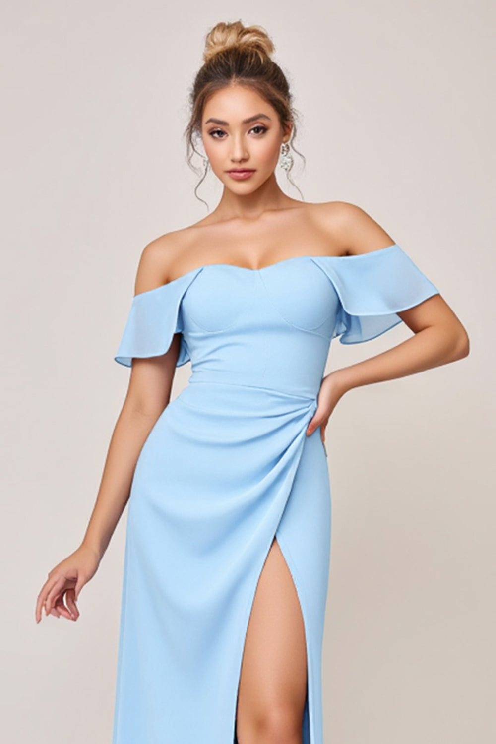 Sky Blue Sheath Off the Shoulder Maxi Bridesmaid Dress with Slit