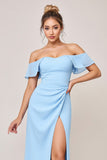Sky Blue Sheath Off the Shoulder Maxi Bridesmaid Dress with Slit