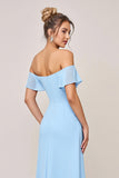 Sky Blue Sheath Off the Shoulder Maxi Bridesmaid Dress with Slit
