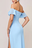 Sky Blue Sheath Off the Shoulder Maxi Bridesmaid Dress with Slit
