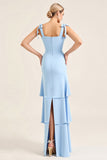 Sky Blue Tiered Spaghetti Straps Maxi Bridesmaid Dress with Slit