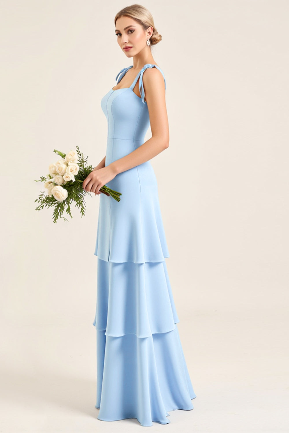Sky Blue Tiered Spaghetti Straps Maxi Bridesmaid Dress with Slit