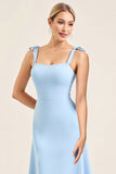 Sky Blue Tiered Spaghetti Straps Maxi Bridesmaid Dress with Slit
