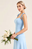 Sky Blue Tiered Spaghetti Straps Maxi Bridesmaid Dress with Slit