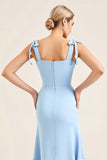 Sky Blue Tiered Spaghetti Straps Maxi Bridesmaid Dress with Slit