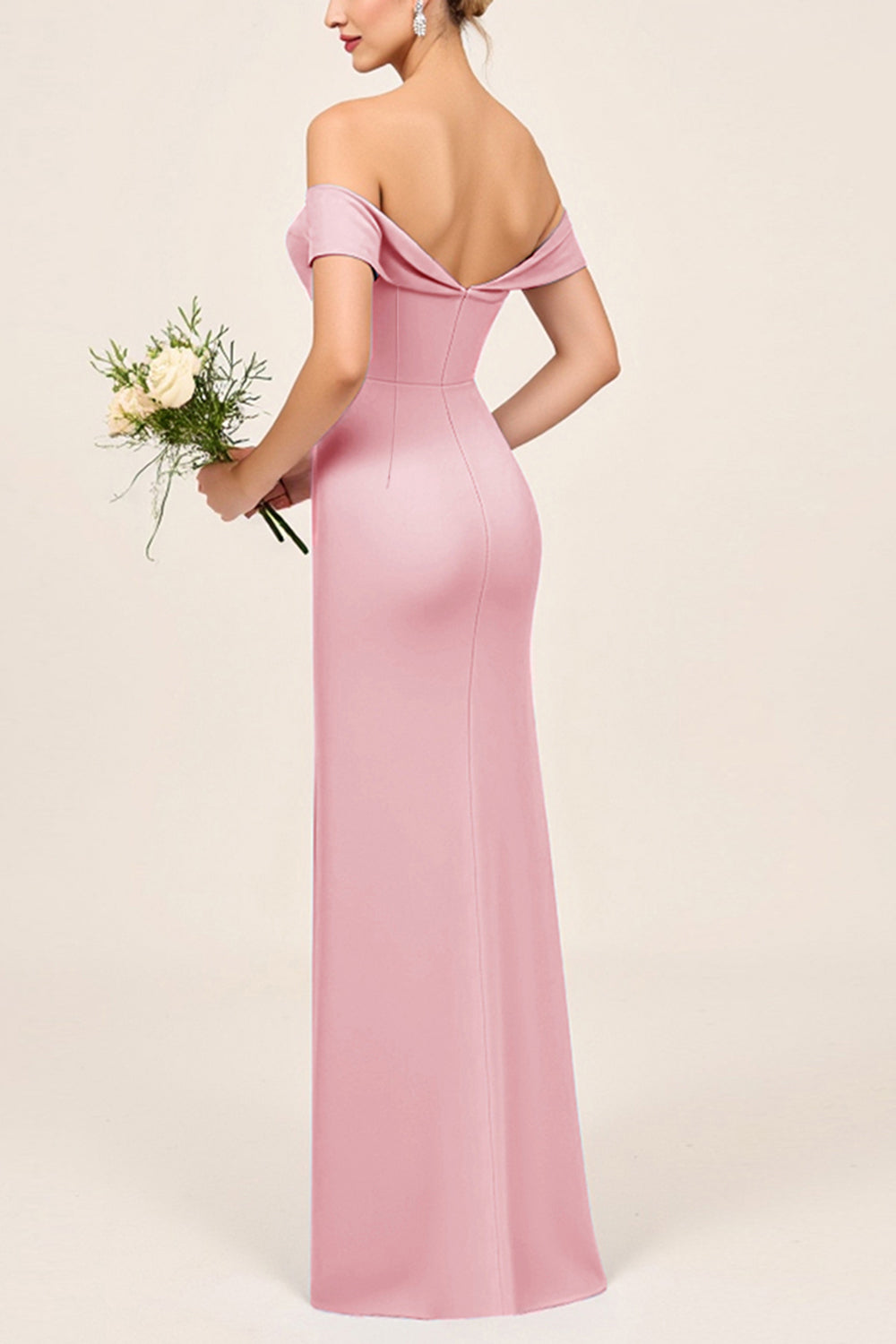 Blush Pink Off the Shoulder Long Sheath Bridesmaid Dress with Slit
