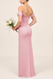 Blush Pink Off the Shoulder Long Sheath Bridesmaid Dress with Slit
