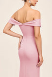 Blush Pink Off the Shoulder Long Sheath Bridesmaid Dress with Slit