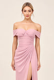 Blush Pink Off the Shoulder Long Sheath Bridesmaid Dress with Slit