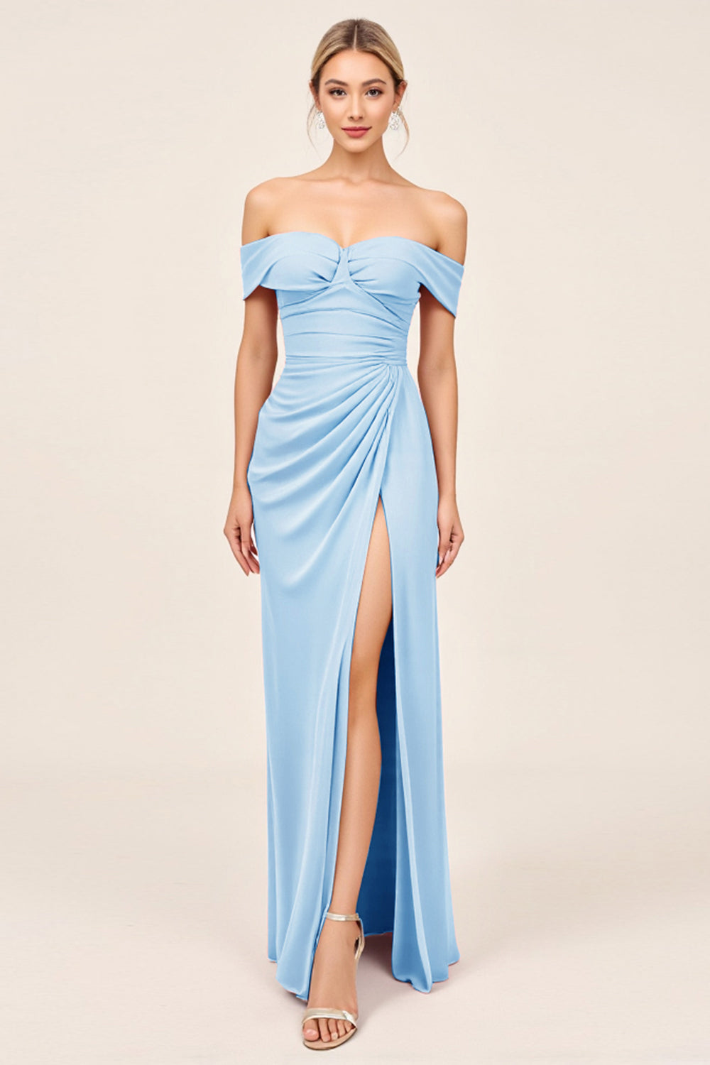 Blush Pink Off the Shoulder Long Sheath Bridesmaid Dress with Slit