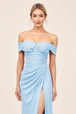 Blush Pink Off the Shoulder Long Sheath Bridesmaid Dress with Slit