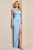 Sky Blue Ruched Maxi Mermaid Long Bridesmaid Dress with Slit