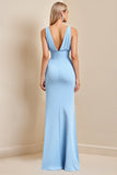 Sky Blue Ruched Maxi Mermaid Long Bridesmaid Dress with Slit