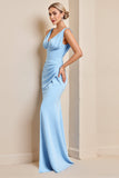 Sky Blue Ruched Maxi Mermaid Long Bridesmaid Dress with Slit