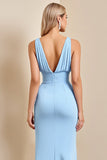 Sky Blue Ruched Maxi Mermaid Long Bridesmaid Dress with Slit