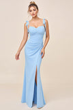 Sky Blue Spaghetti Straps Long Sweetheart Bridesmaid Dress with Slit