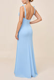 Sky Blue Spaghetti Straps Long Sweetheart Bridesmaid Dress with Slit