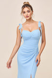 Sky Blue Spaghetti Straps Long Sweetheart Bridesmaid Dress with Slit