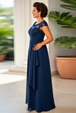 Navy Sheath Ruched Illusion Neck Long Mother of the Bride Dress
